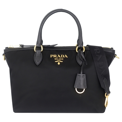 PRADA 黑色金字尼龍皮邊肩背/手提包