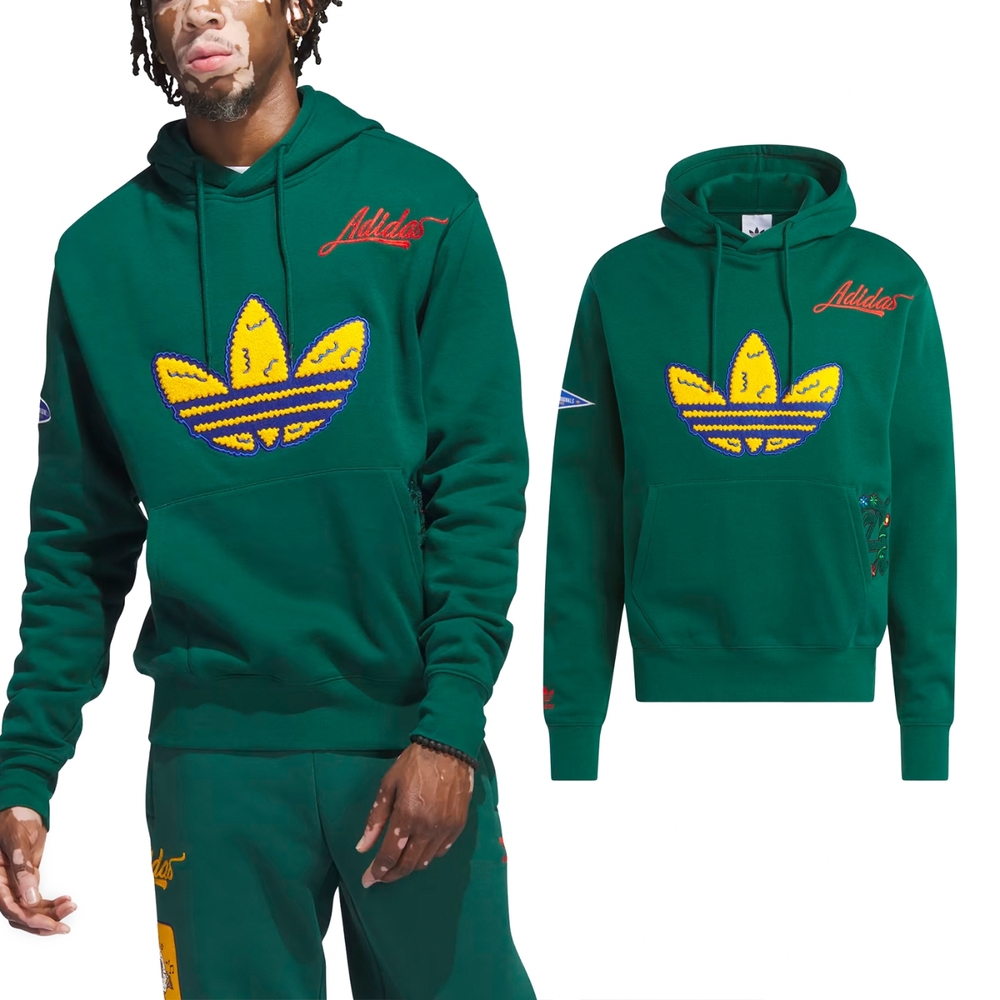 adidas 長袖 Collegiate Badge 男款 綠 黃 帽T 袋鼠口袋 刺繡 保暖 三葉草 愛迪達 IL2354