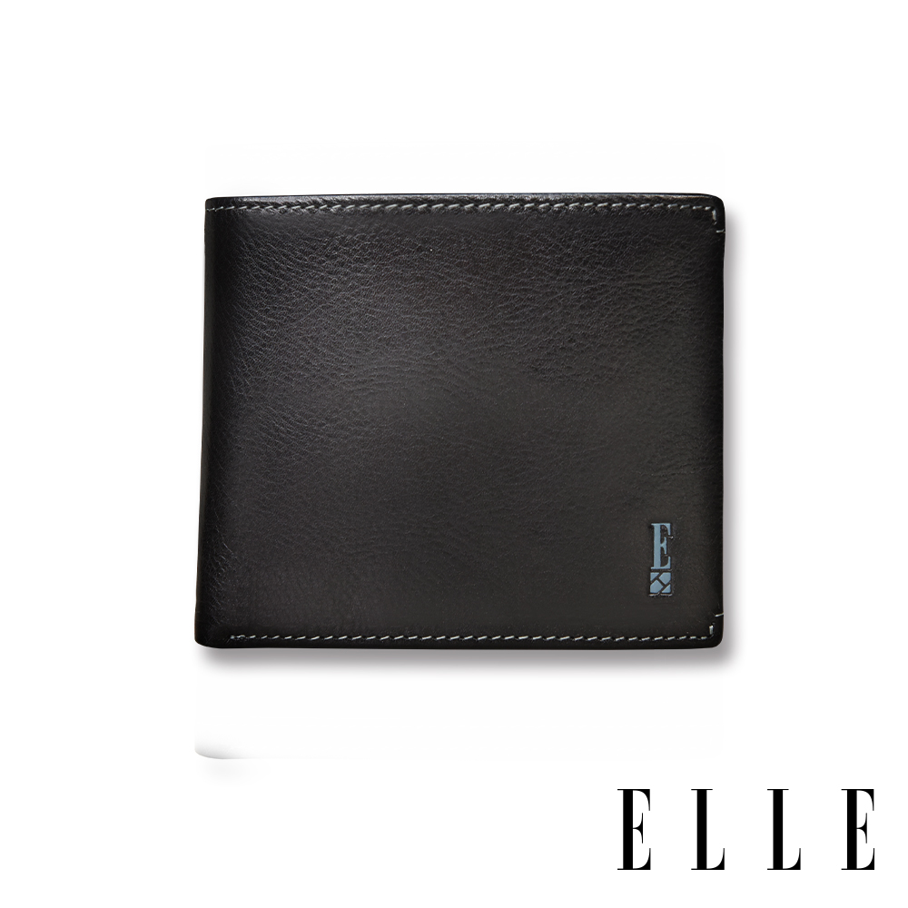 ELLE HOMME 壓紋Logo系列-3卡窗格簡約真皮皮夾/短夾/零錢袋- 紳士黑