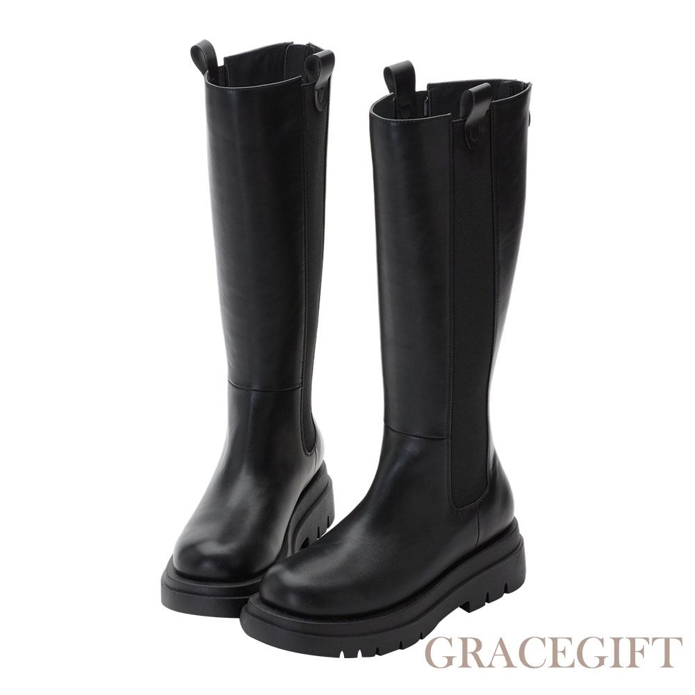 【Grace gift】摩登時尚厚底切爾西長靴 黑
