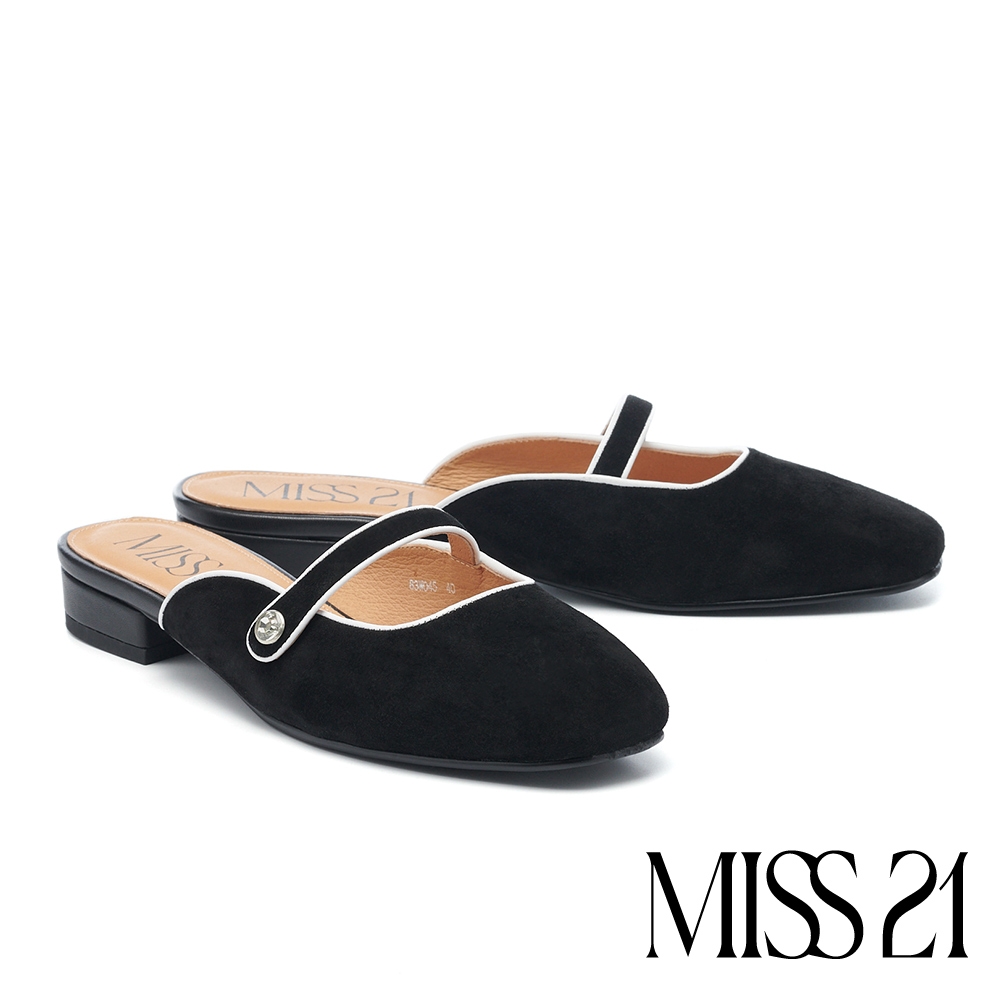 穆勒鞋 MISS 21 復古優雅撞色線條羊麂皮方圓頭低跟穆勒拖鞋－黑