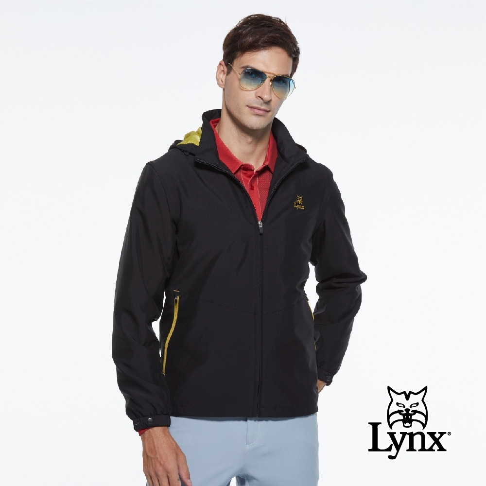 【Lynx Golf】男款素面內刷毛可脫袖連帽長袖外套-黑色