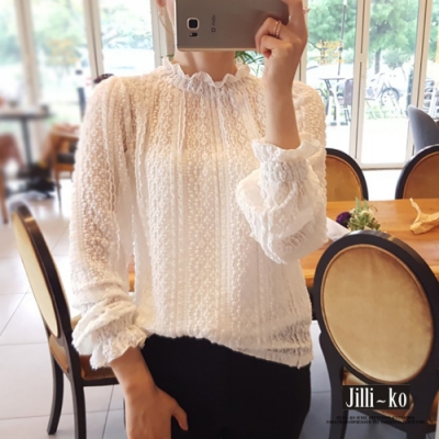 JILLI-KO 韓國甜美花邊微高領蕾絲網上衣 (附小可愛)- 白色