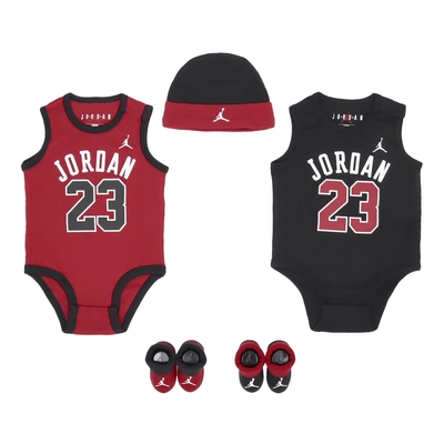Nike 包屁衣 Jordan 5 Piece Set 黑 紅 純棉 按扣 五件套 帽子 襪子 禮盒 嬰兒 JD2113029NB-001