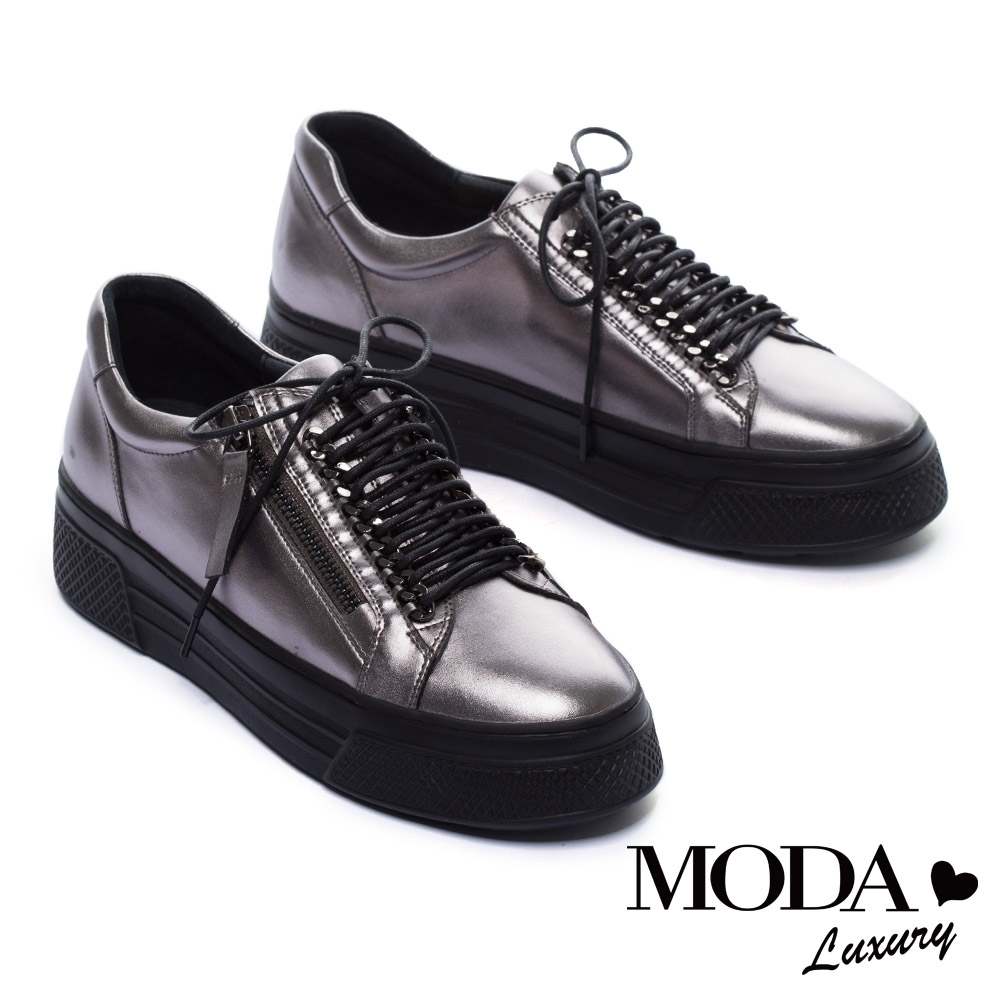 休閒鞋 MODA Luxury 硬朗個性派側拉鍊設計厚底綁帶休閒鞋－古銅