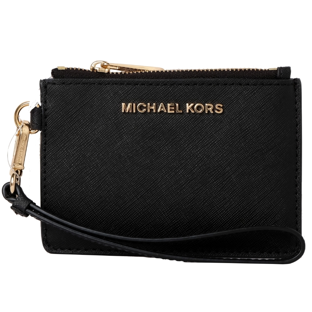 MICHAEL KORS JET SET TRAVEL金字LOGOE掛繩零錢卡夾包-黑