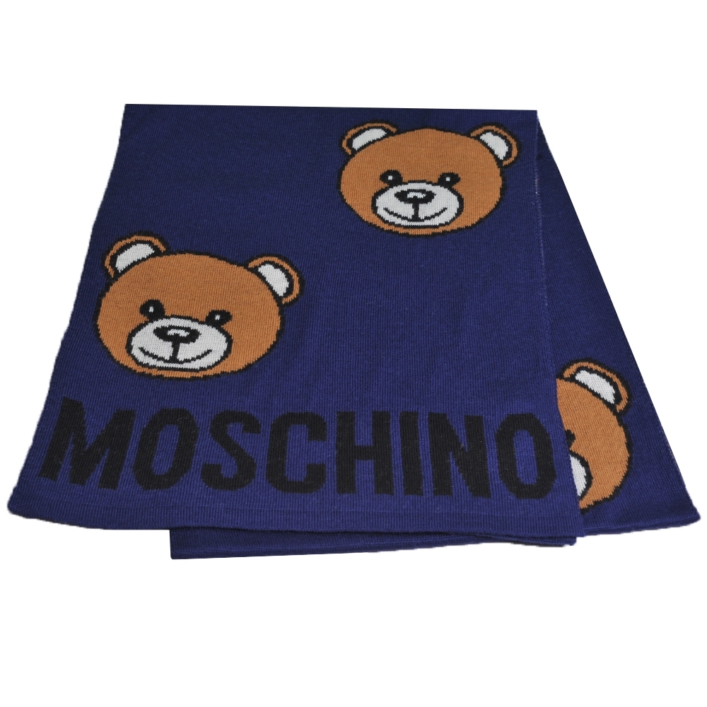 MOSCHINO 義大利製繽紛小熊字母LOGO圖案混織羊毛圍巾/披肩(藍色)