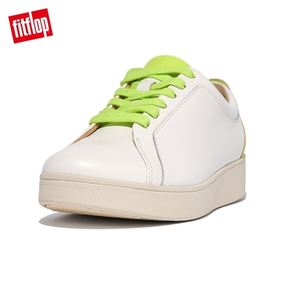 【FitFlop】RALLY NEON POP LEATHER SNEAKERS 螢光撞色繫帶休閒鞋-女(都會白/螢光黃)