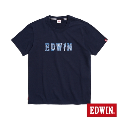 EDWIN 羽毛紋牛仔貼布LOGO短袖T恤-男-丈青色