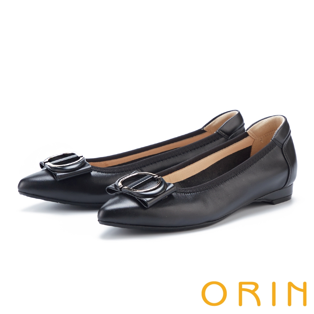 ORIN 金屬釦飾真皮尖頭平底鞋 黑色