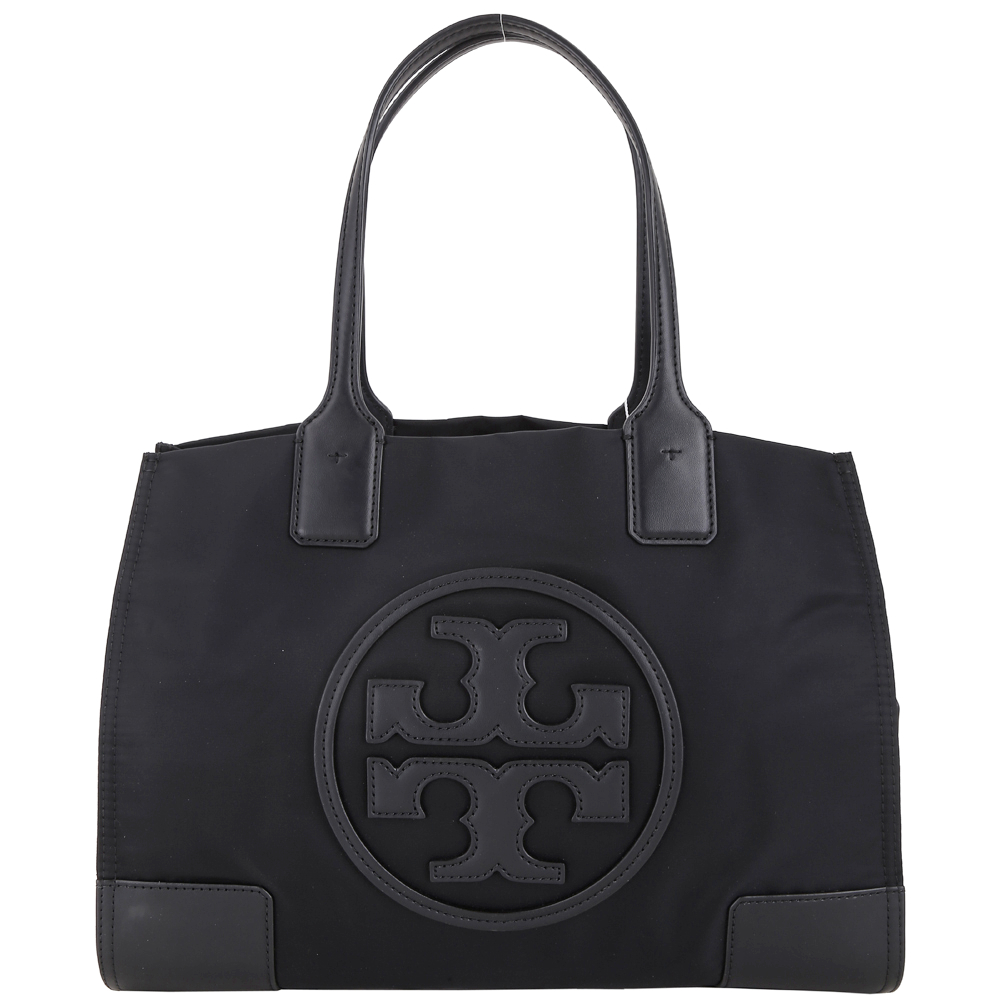 TORY BURCH Ella 小款 經典盾牌皮革拼接尼龍肩背包(黑色)