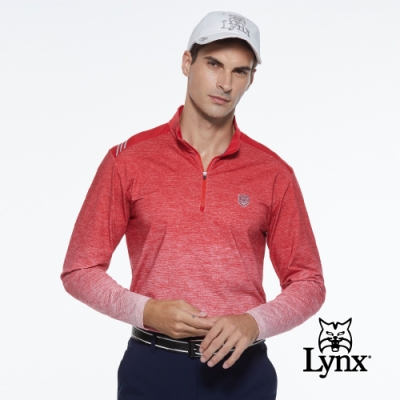 【Lynx Golf】男款遠紅外線保暖刷毛山貓織標反光印花長袖立領POLO衫-紅色