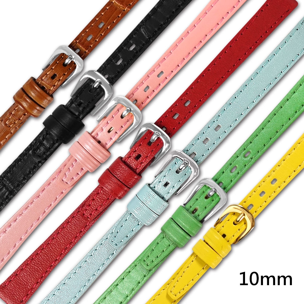 Watchband / 10mm / 各品牌通用 簡約質感 不鏽鋼扣頭 真皮錶帶 淺咖/黑/粉/藍/綠/紅/黃