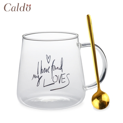 【Caldo卡朵生活】 (買1送1) 情話綿綿耐熱玻璃馬克杯(附匙) 450ML