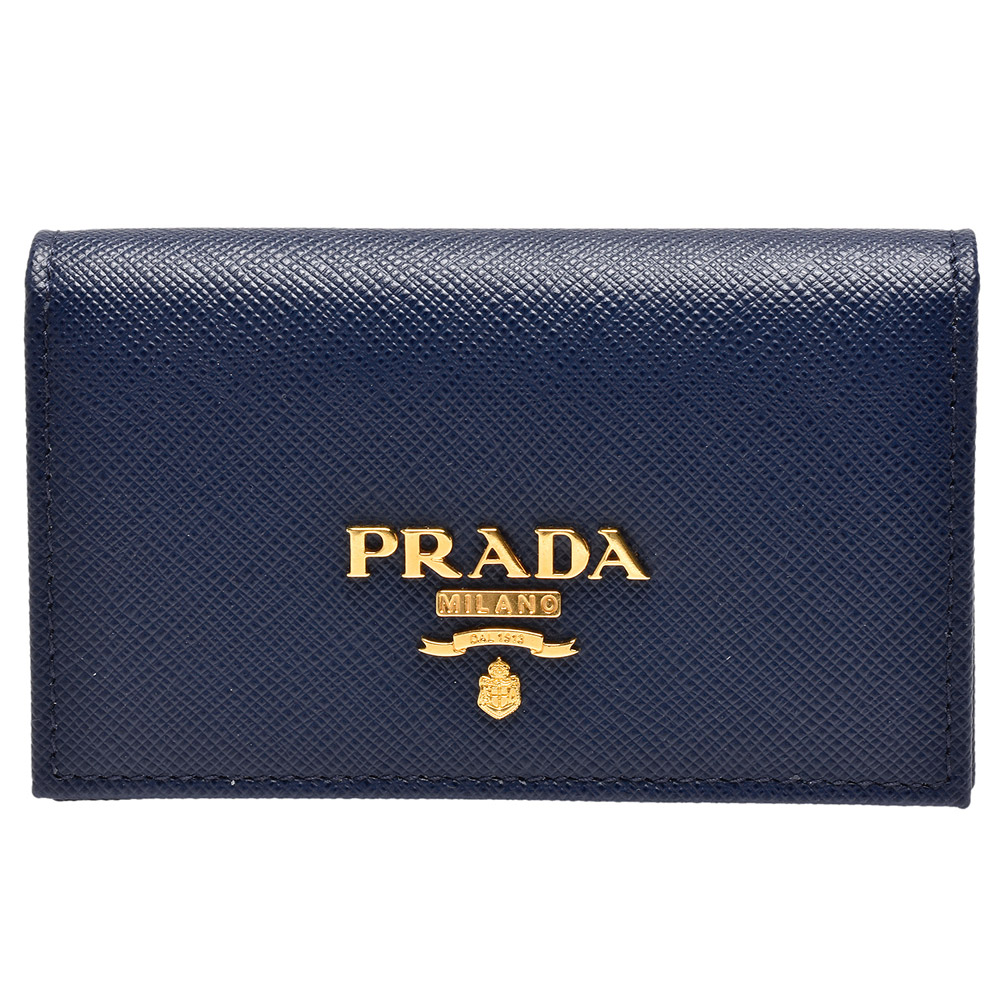 PRADA SAFFIANO METAL金屬浮雕LOGO防刮牛皮釦式信用卡/名片夾(墨藍)