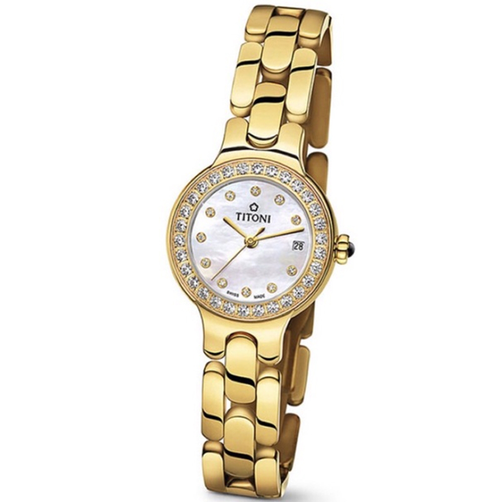 TITONI 梅花錶 官方授權 優雅伊人系列 水晶鑽金色淑女錶-(TQ42915G-DB-381)25.5mm
