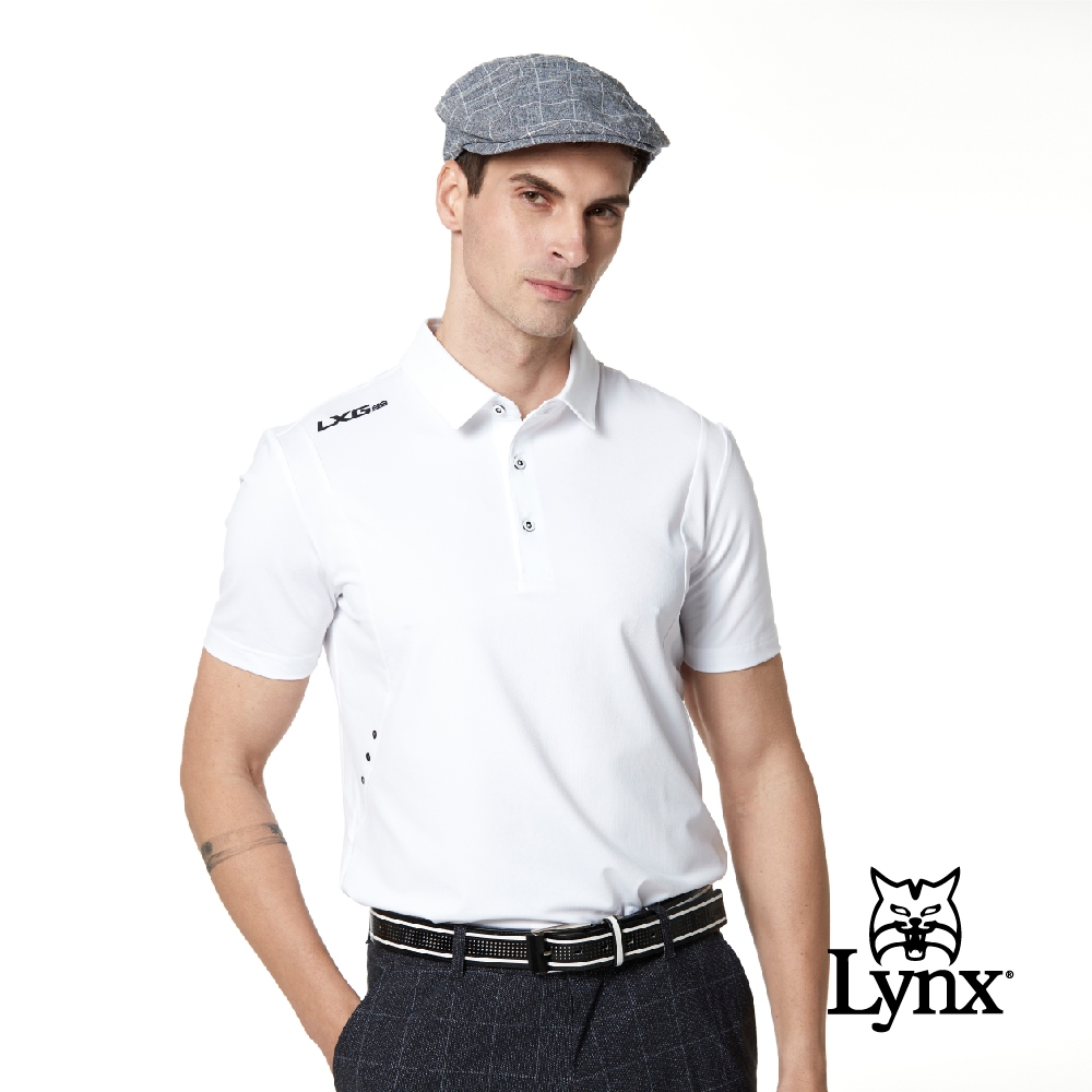 【Lynx Golf】Korea 男款?邊剪裁沖孔設計短袖POLO衫-白色