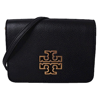 TORY BURCH BRITTEN 鏤空大LOGO掀蓋式荔枝紋鍊帶斜背包-經典黑