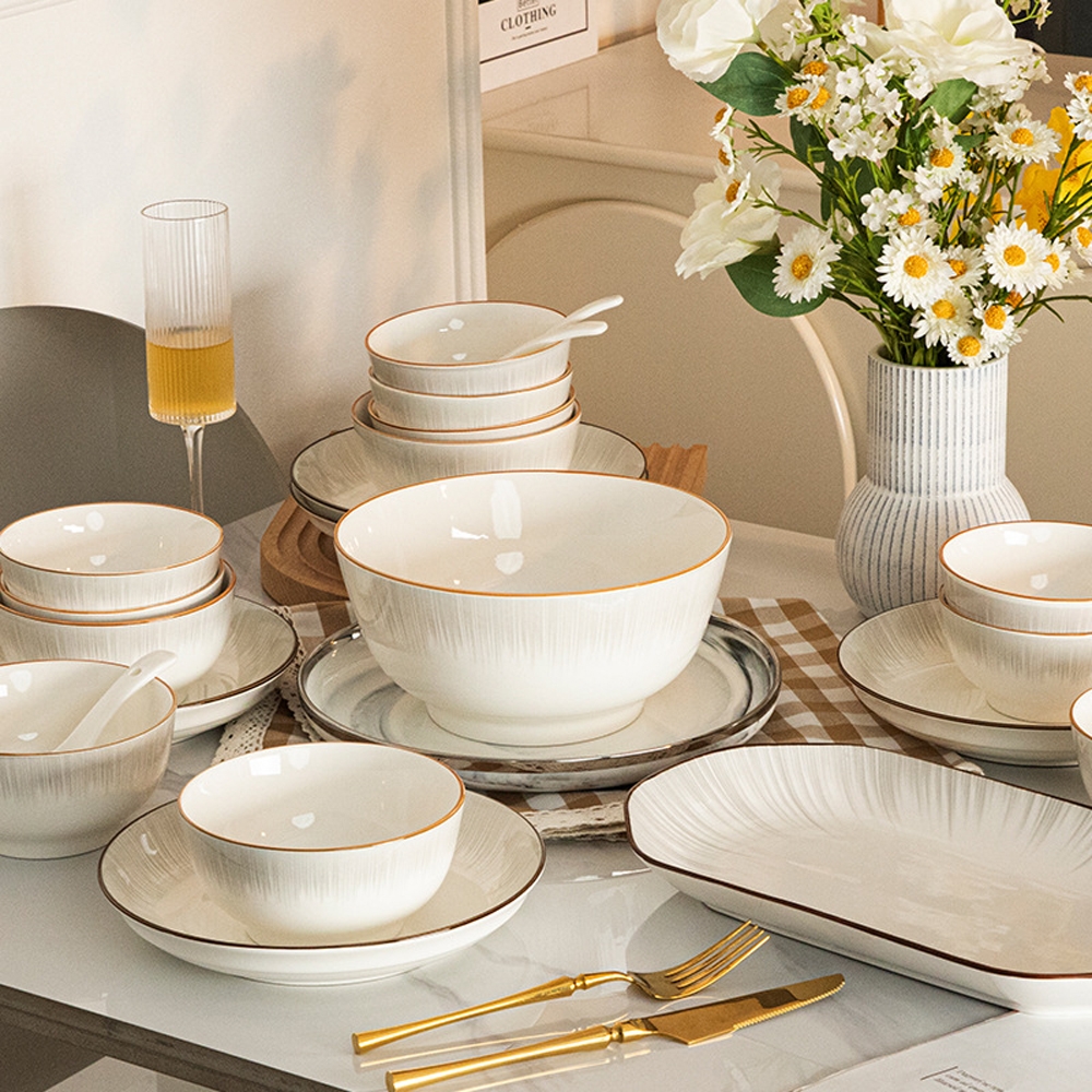居家家碗盤組合 釉下彩飯碗盤湯麵碗 陶瓷餐具21件套組 餐具套裝
