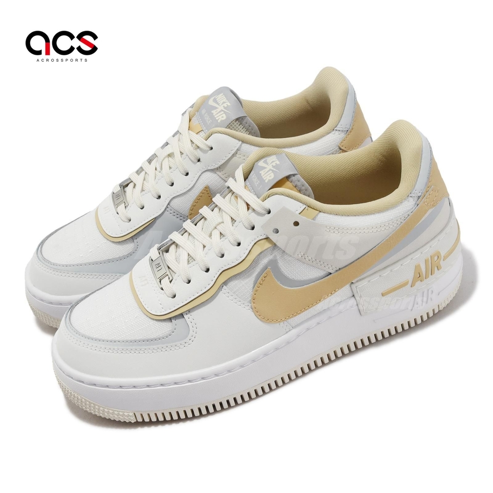 Nike 休閒鞋Wmns AF1 Shadow 女鞋白卡其奶茶拼接皮革解構雙勾DV7449