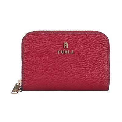 FURLA Camelia拱門字母LOGO牛皮2卡拉鍊零錢包(火星紅x芭蕾粉)