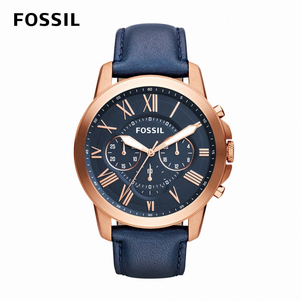 【FOSSIL】Grant 帥氣風尚皮革計時男錶 藍色真皮皮革錶帶 44MM FS4835IE