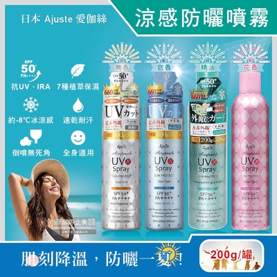 日本Ajuste愛伽絲-全身用防近紅外線SPF50+/PA++++植萃保濕-8℃冰涼感防曬噴霧200g/罐(大容量防UVA UVB,夏天速乾耐汗,定妝控油隔離)