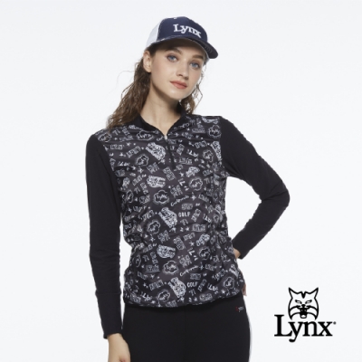 【Lynx Golf】女款遠紅外線保暖刷毛滿版Lynx印花口袋款長袖立領POLO衫-黑色
