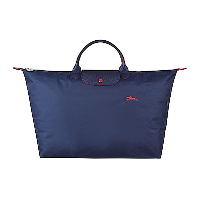 LONGCHAMP COLLECTION系列刺繡LOGO尼龍摺疊款短把手提包(大/深藍x紅