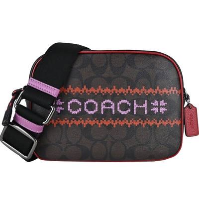 COACH 刺繡logoX緹花PVC斜背包(咖)