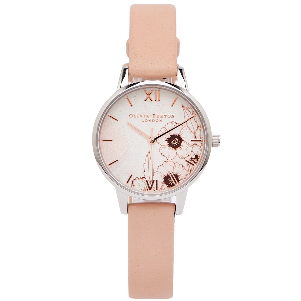 OLIVIA BURTON 與花共舞風的皮革手錶(OB16VM27)-香檳色面/30mm