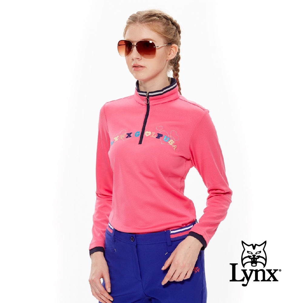 【Lynx Golf】女款吸濕排汗Lynx彩色繡花立領長袖POLO衫-桃紅色
