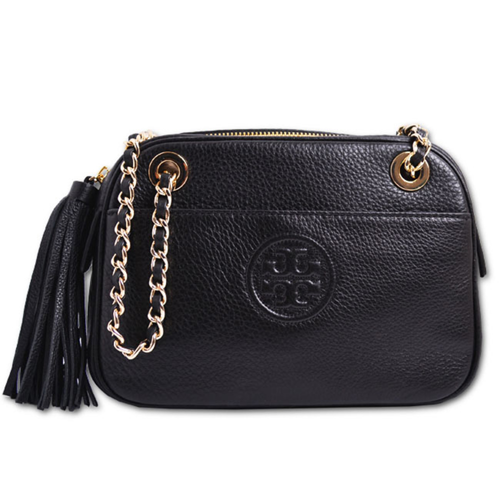 TORY BURCH BOMBE 縫線LOGO荔枝紋皮革流蘇吊飾金屬鍊帶兩用相機包-黑