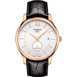 TISSOT 天梭 官方授權 Tradition 小秒針機械錶 迎春好禮-銀x玫塊金框x黑/40mm T0634283603800