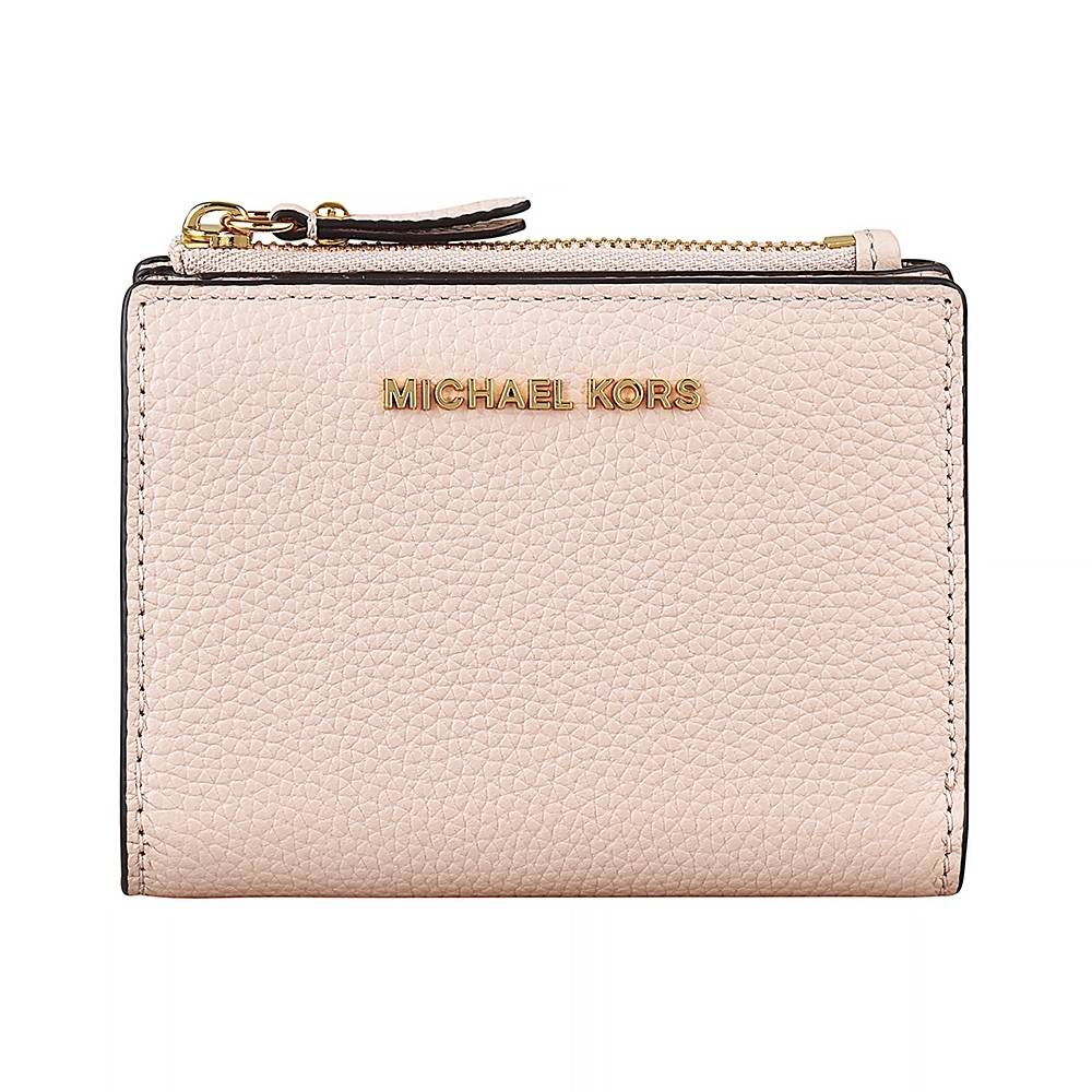 MICHAEL KORS JET SET 金字LOGO 荔枝紋牛皮8卡釦式短夾(淡粉)