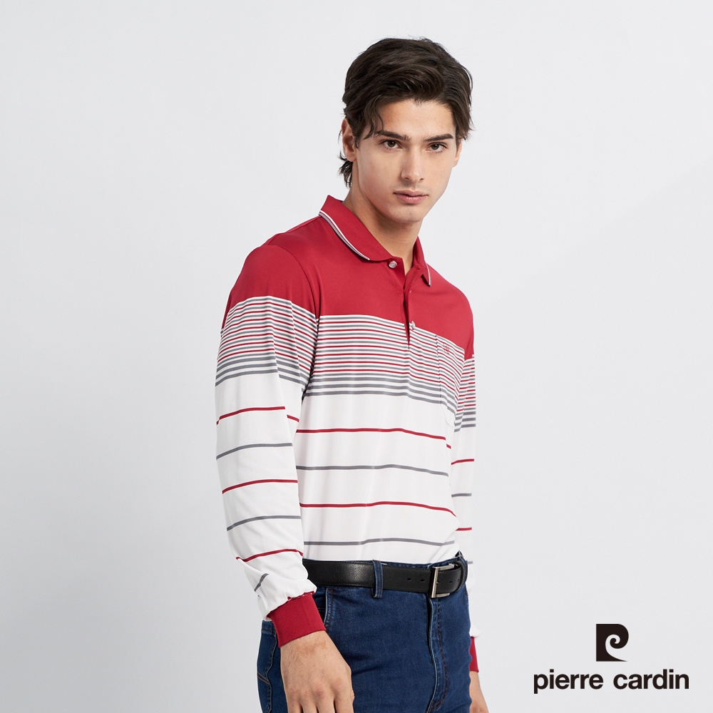 Pierre Cardin皮爾卡登 男款 吸濕排汗條紋定位薄長袖POLO衫-紅色 (7225264-75)