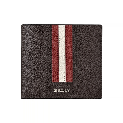 BALLY TRASAI銀字LOGO牛皮紅白條紋8卡短夾(咖啡)