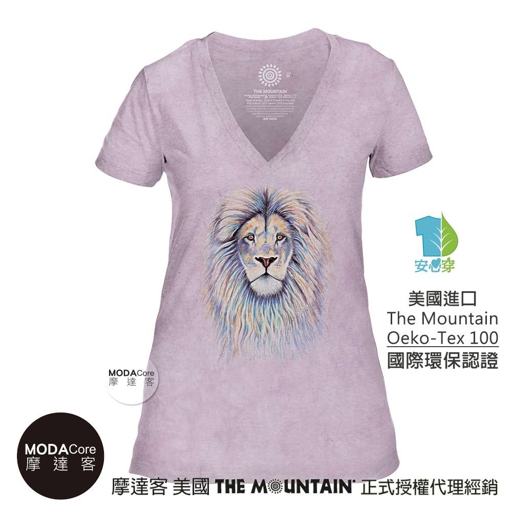 摩達客-美國The Mountain都會系列 絢麗獅王紫底 V領藝術修身女版短袖T恤