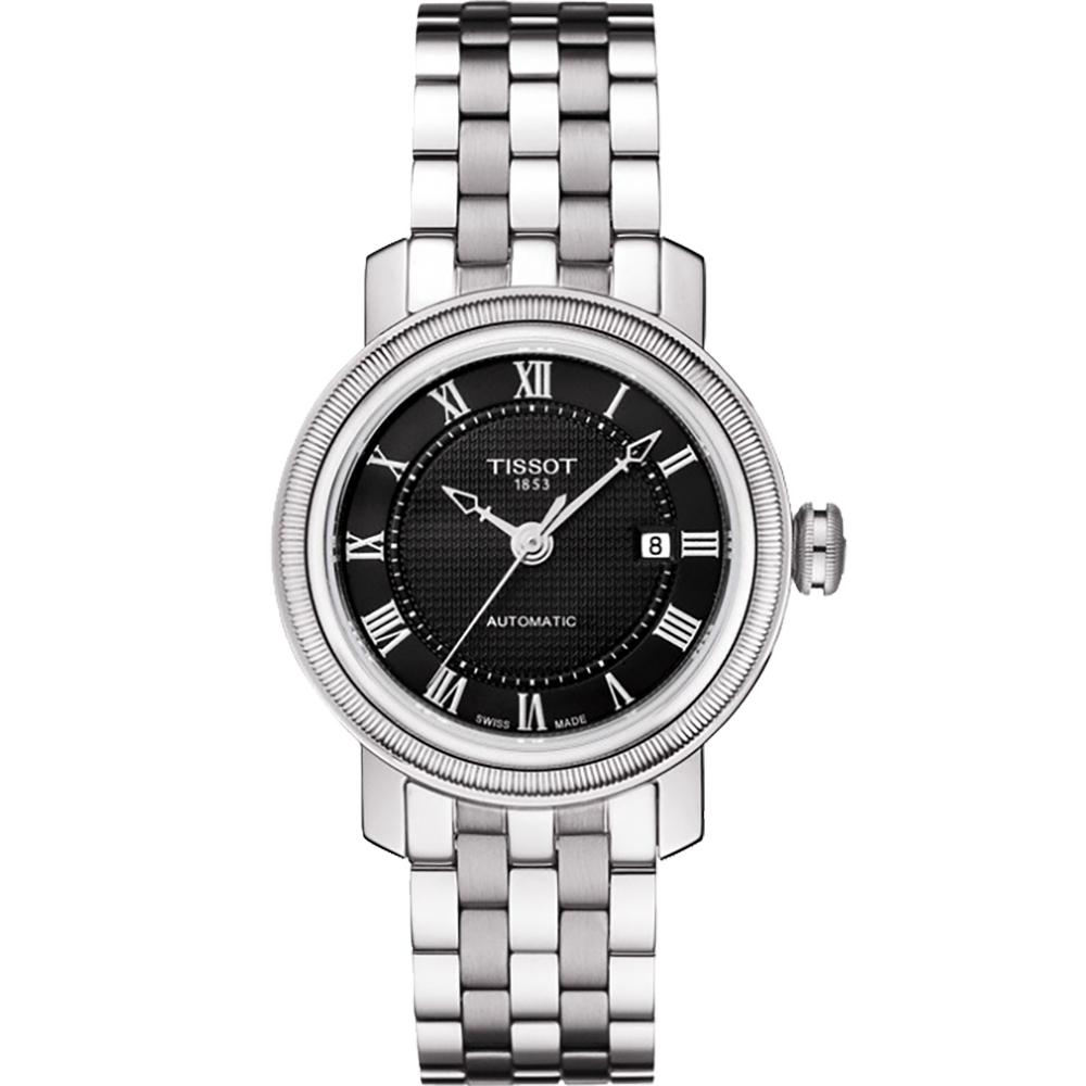 TISSOT 天梭 官方授權 Bridgeport 寶環系列經典羅馬機械女錶-黑/29mm T0970071105300