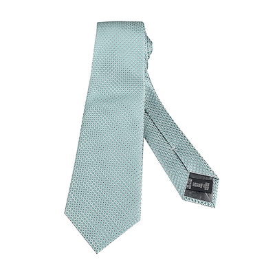 EMPORIO ARMANI方形搭配小點點花紋設計絲綢混紡領帶(寬版/淡綠底x銀灰字)