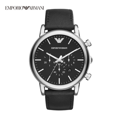 emporio armani luigi 都會經典三眼多功能男錶 沈穩黑皮革車縫錶帶 46mm ar1828