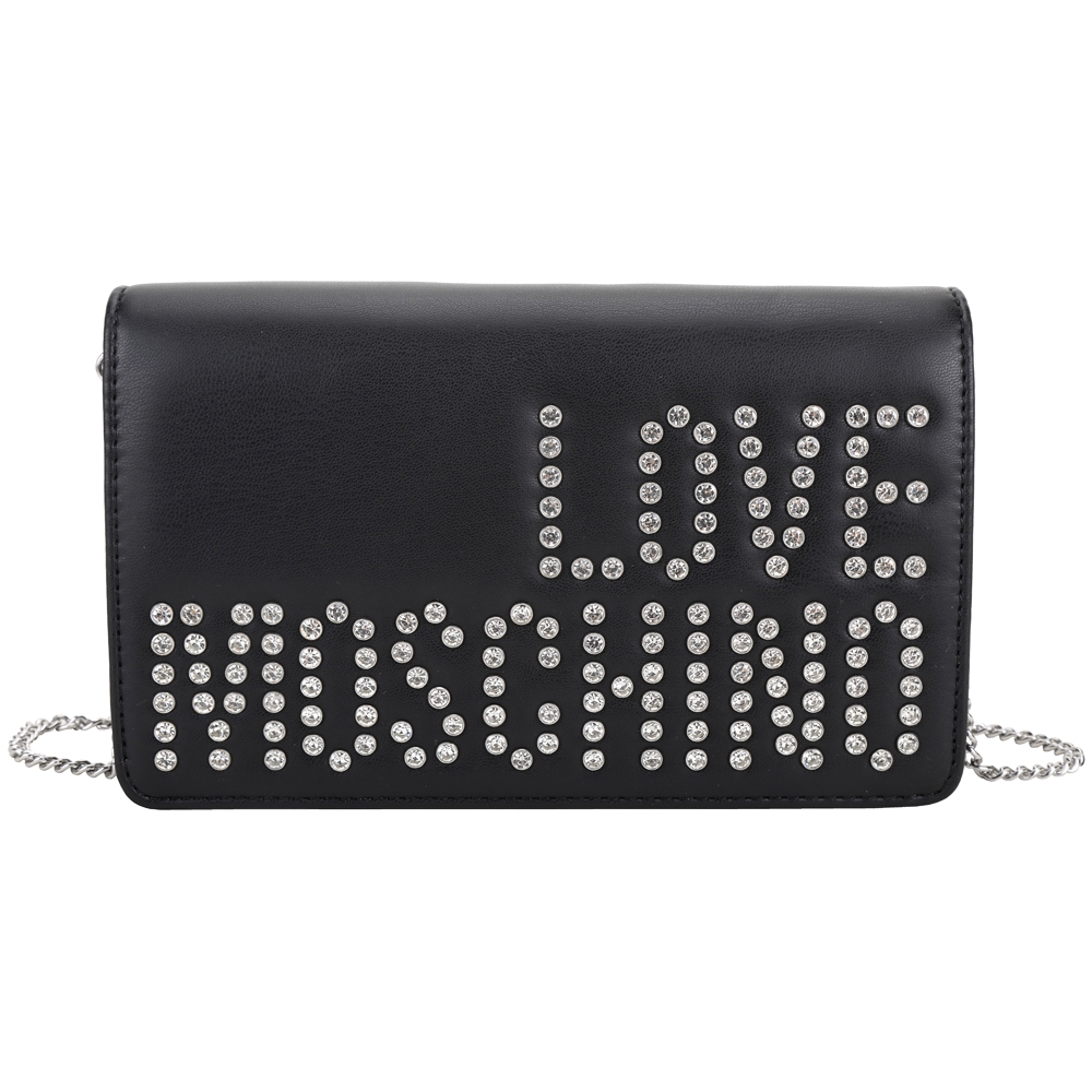 LOVE MOSCHINO 水鑽字母皮革斜背翻蓋鍊帶包(黑色)