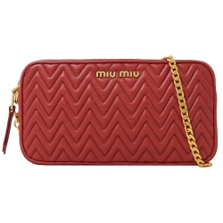 MIU MIU 金屬LOGO山型紋小牛皮迷你斜背鍊包(紅)