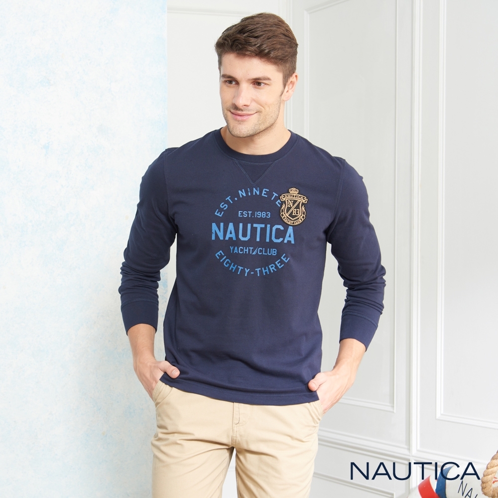 Nautica簡約LOGO圖騰純棉長袖TEE-深藍