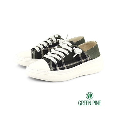 GREEN PINE拼接格紋免綁帶圓頭休閒鞋綠色(00142093)