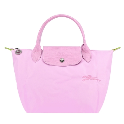 LONGCHAMP LE PLIAGE GREEN系列刺繡短把再生尼龍摺疊水餃包(小/粉紅)