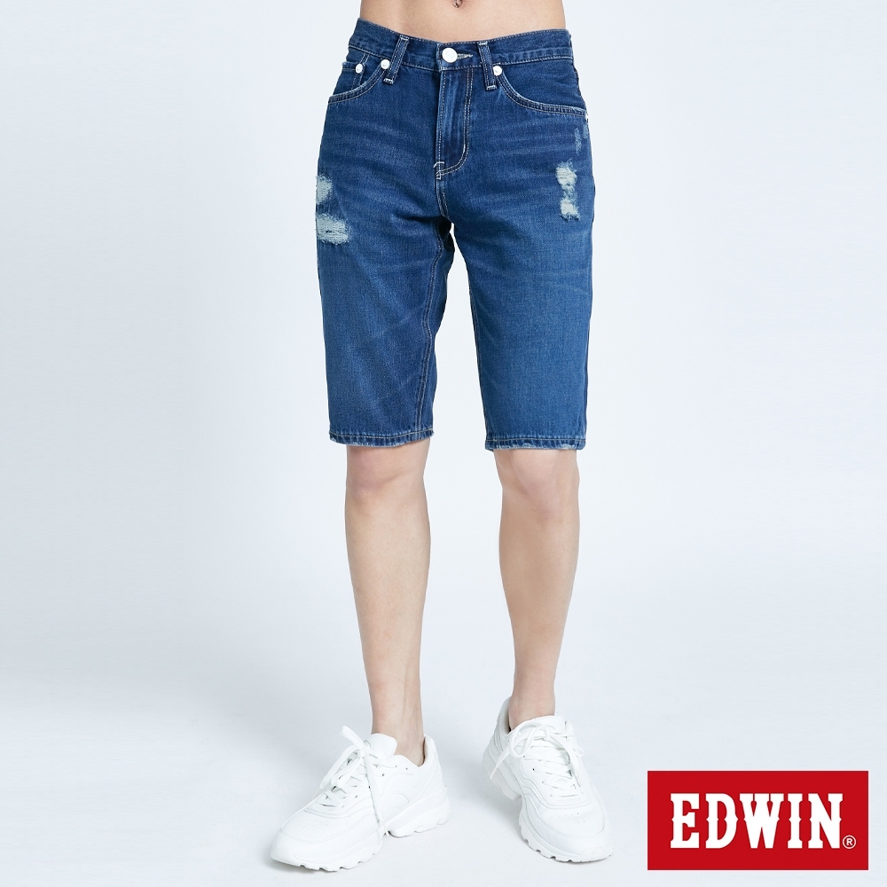 EDWIN 503 磨破補釘牛仔短褲-男-拔洗藍