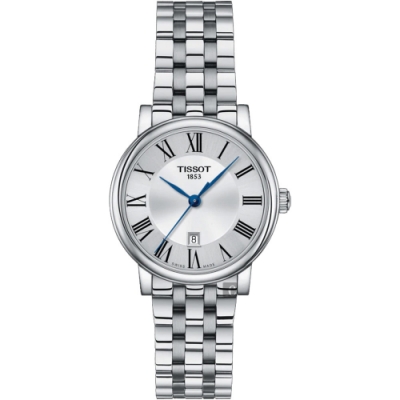 TISSOT 天梭 官方授權 Carson 羅馬石英女錶 送禮推薦-銀/30mm T1222101103300