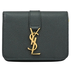 YSL Saint Laurent 金屬LOGO小牛皮釦式零錢短夾(墨綠)