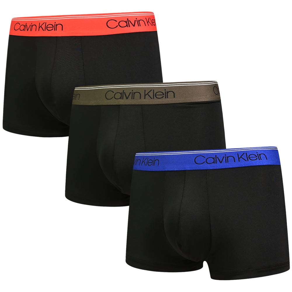 Calvin Klein Microfiber Stretch 男內褲 高彈性絲質短版合身四角褲/CK內褲-紅黑、綠黑、藍黑 三入組(25)